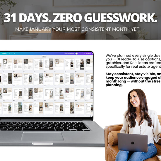 The image is a promotional graphic for a real estate app that features a laptop displaying a website, a smiling woman sitting on a couch, and text providing information about the app.