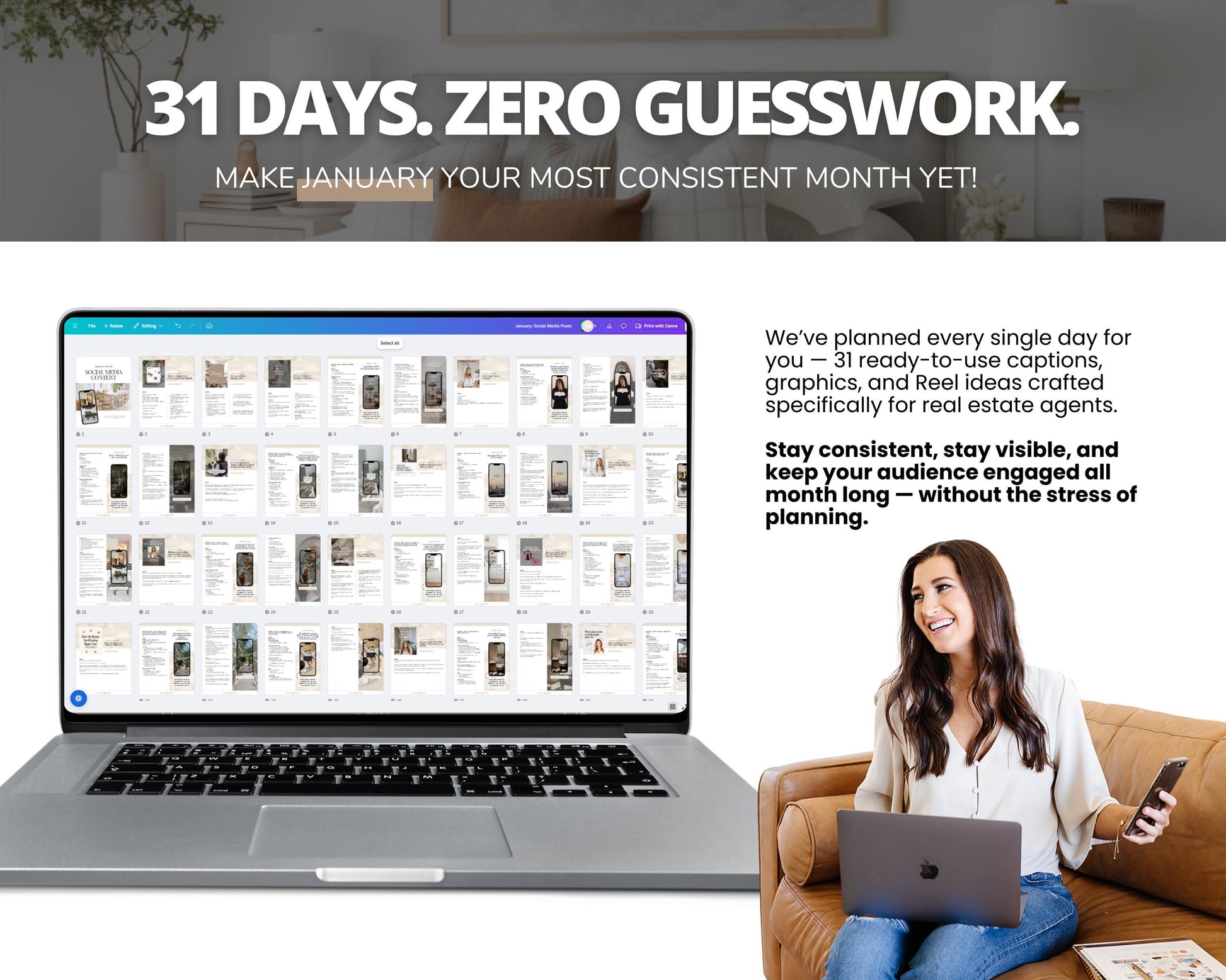 The image is a promotional graphic for a real estate app that features a laptop displaying a website, a smiling woman sitting on a couch, and text providing information about the app.