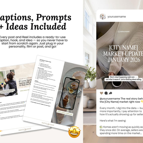 The image is a collage of various elements, including captions, prompts, and ideas, all related to real estate and the market.