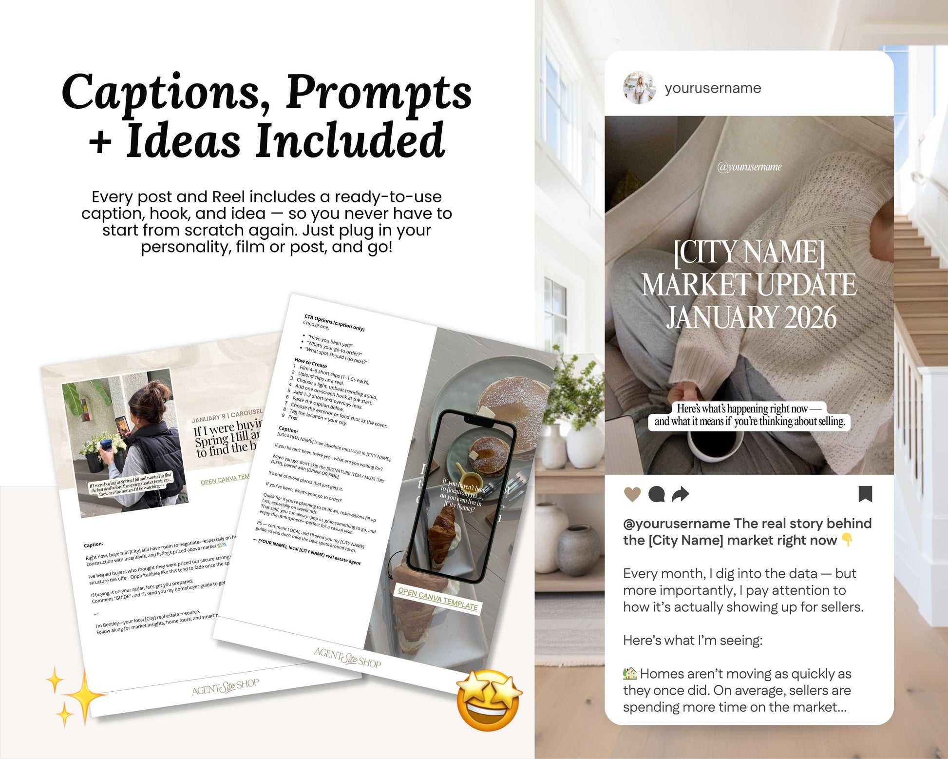 The image is a collage of various elements, including captions, prompts, and ideas, all related to real estate and the market.