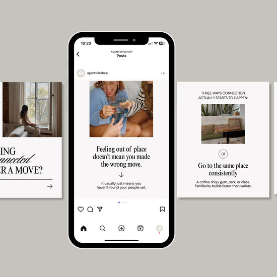 a smartphone displaying a social media post from an agency website, with a collage of three smaller images on the right side of the screen.