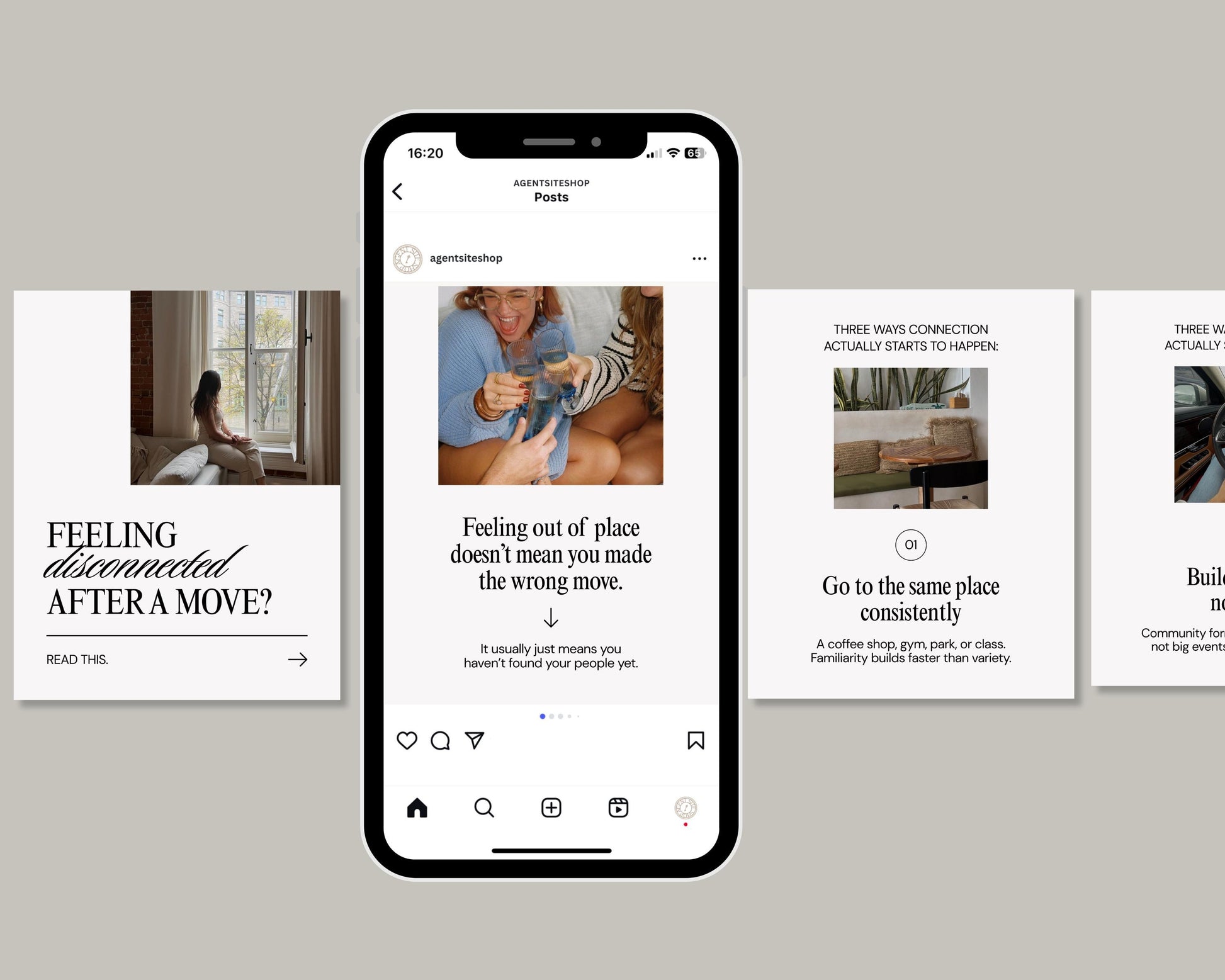 a smartphone displaying a social media post from an agency website, with a collage of three smaller images on the right side of the screen.