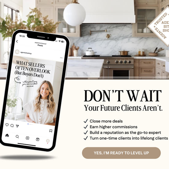 The image is an advertisement for a business called "Agent Shop" that offers services for real estate agents. It features a smartphone displaying a book cover, a kitchen interior, and a sign that says "DON'T WAIT Your Future Clients Aren't." The ad highlights the benefits of using the services, such as closing more deals, earning higher commissions, building a reputation as a go-to expert, and turning one-time clients into lifelong clients.