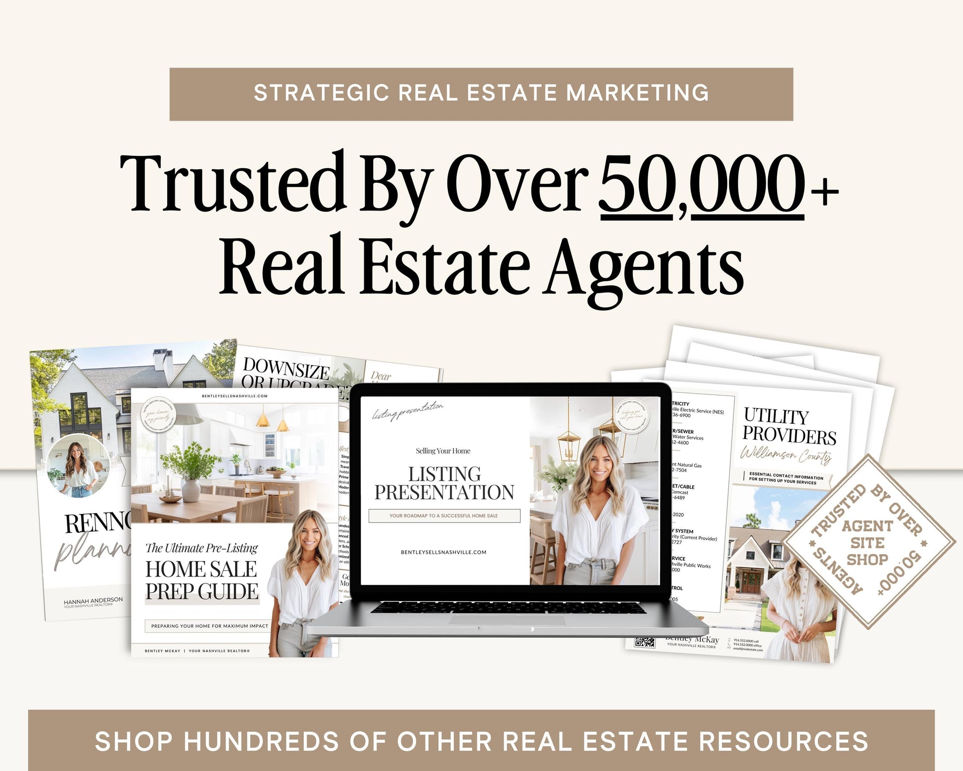 The image is an advertisement for a real estate marketing service, featuring a laptop displaying a presentation slide, brochures, and other real estate-related materials.