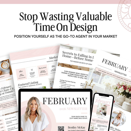The image is a collage of various real estate-related documents and materials, including a magazine cover, a brochure, and a calendar, all related to the real estate industry.