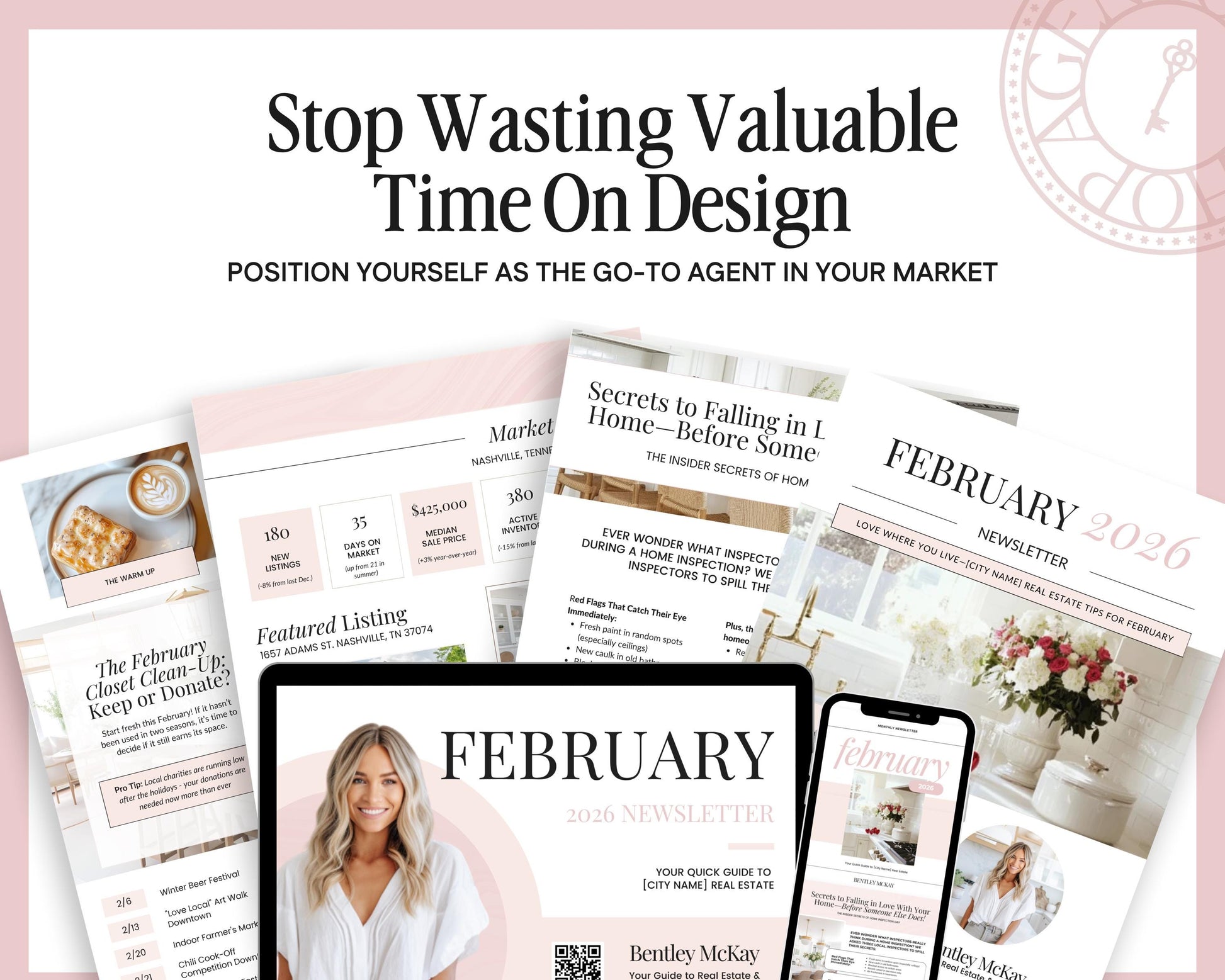 The image is a collage of various real estate-related documents and materials, including a magazine cover, a brochure, and a calendar, all related to the real estate industry.