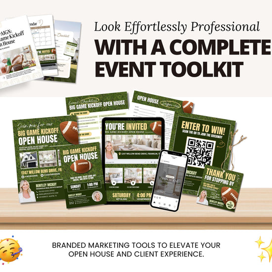 The image is a promotional collage featuring various marketing materials related to real estate events, including brochures, flyers, and a smartphone displaying an event invitation.