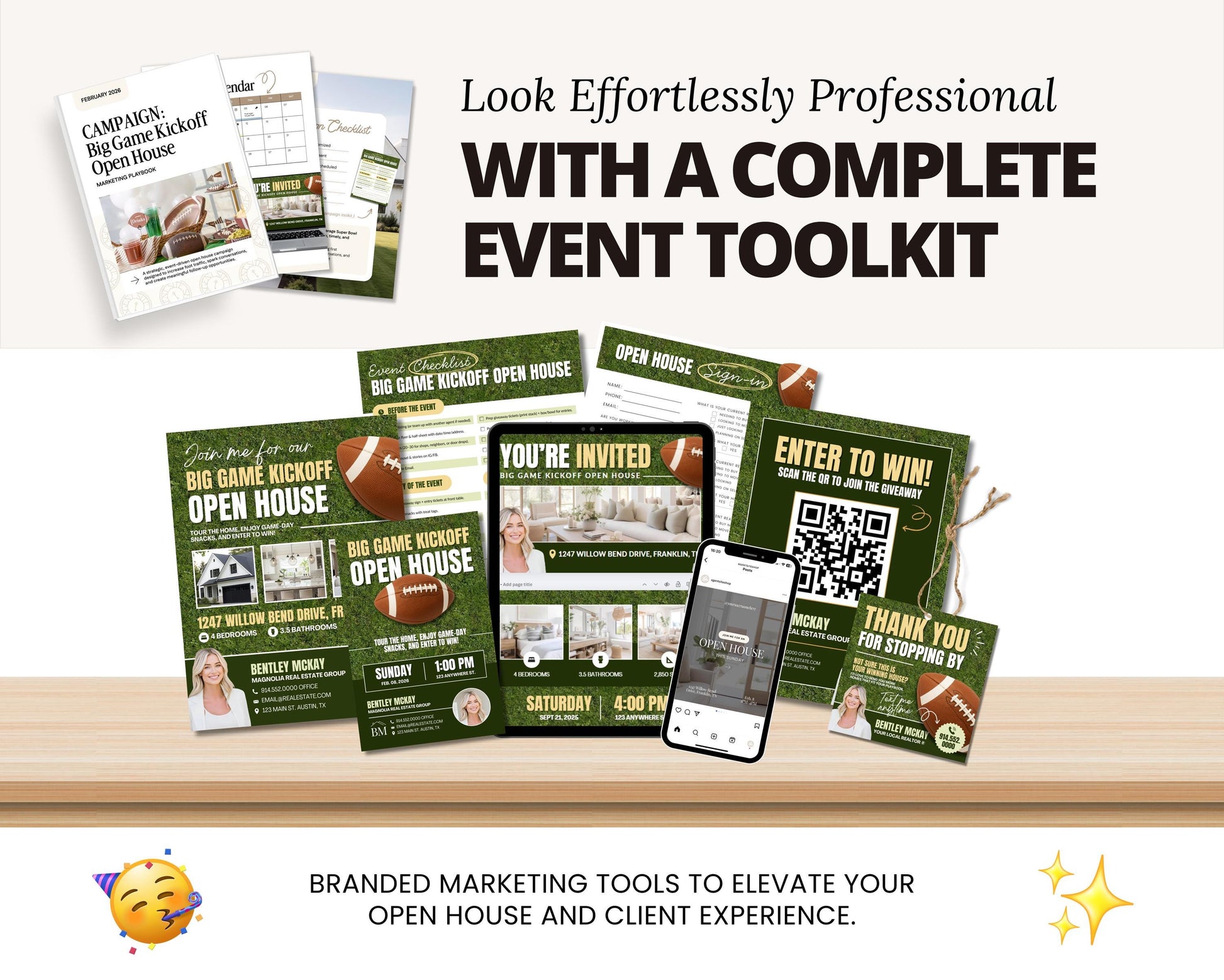 The image is a promotional collage featuring various marketing materials related to real estate events, including brochures, flyers, and a smartphone displaying an event invitation.