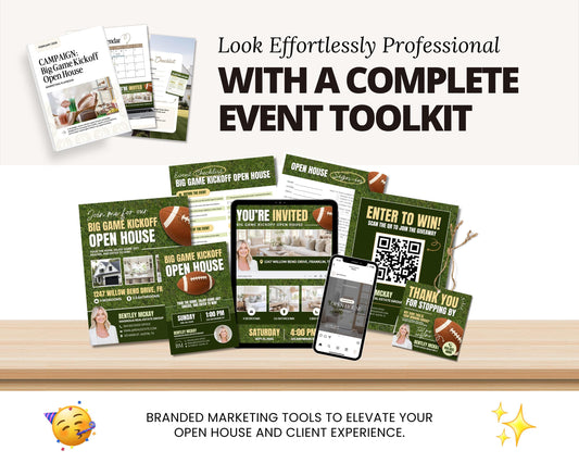The image is a promotional collage featuring various marketing materials related to real estate events, including brochures, flyers, and a smartphone displaying an event invitation.