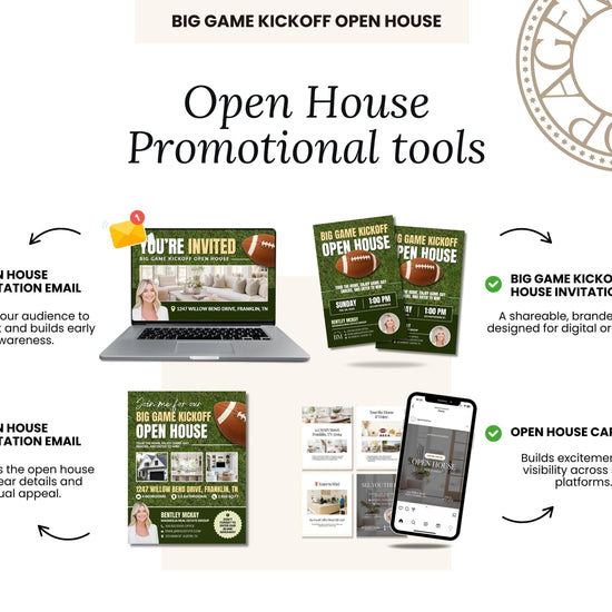 The image is a promotional advertisement for a company called "Big Game Kickoff Open House". It features various promotional tools such as an invitation email, a carousel, and a book, all designed to engage and inform potential customers about the company's services.