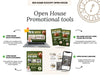 The image is a promotional advertisement for a company called "Big Game Kickoff Open House". It features various promotional tools such as an invitation email, a carousel, and a book, all designed to engage and inform potential customers about the company's services.