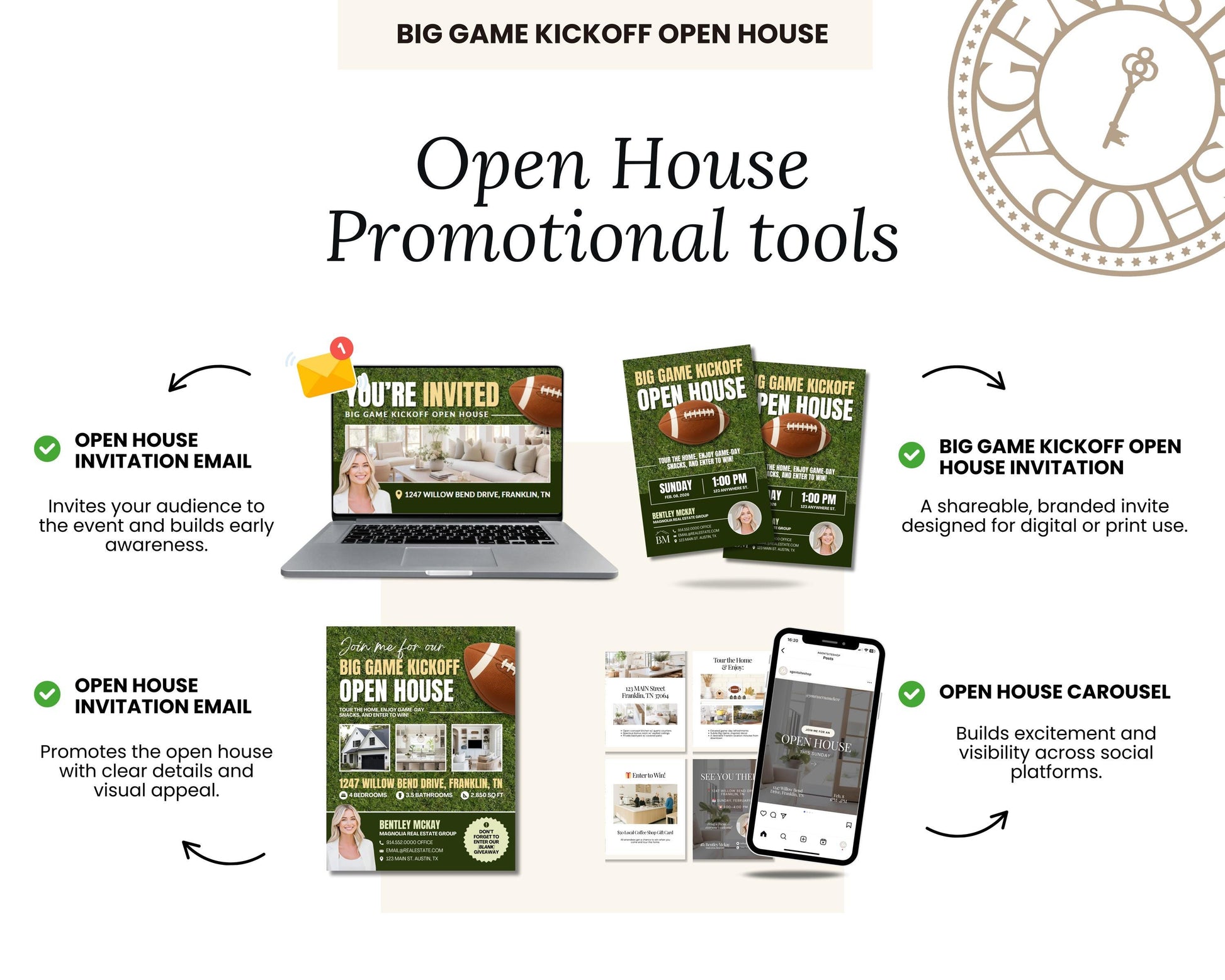 The image is a promotional advertisement for a company called "Big Game Kickoff Open House". It features various promotional tools such as an invitation email, a carousel, and a book, all designed to engage and inform potential customers about the company's services.