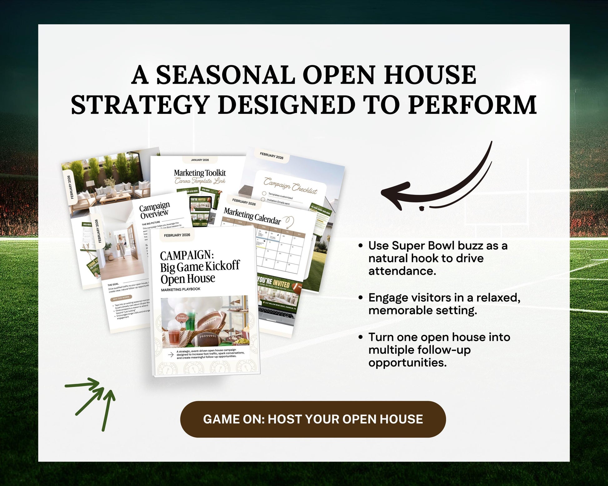 a picture of a soccer field with the words a seasonal open house strategy designed to