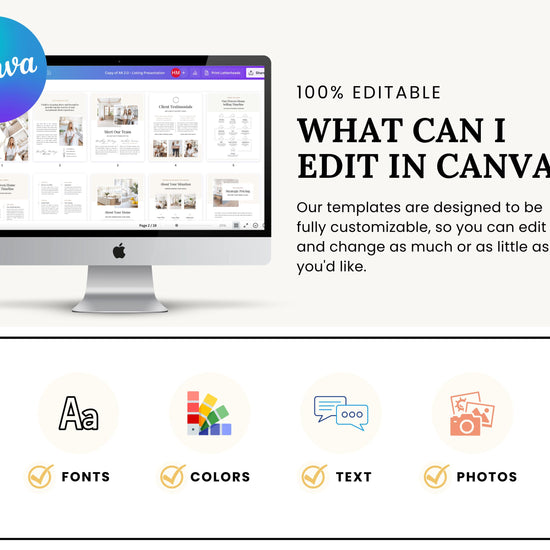 The image is a promotional graphic for a software called Canva, which allows users to create and edit various types of documents and presentations. The image features a computer monitor displaying a Canva interface, along with icons representing different editing options such as fonts, colors, text, and photos.