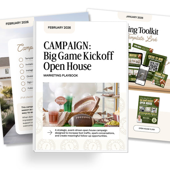 three brochures or flyers, each with different content and design elements. The brochures appear to be related to real estate or home improvement, with a focus on the "Big Game Kickoff Open House" campaign.