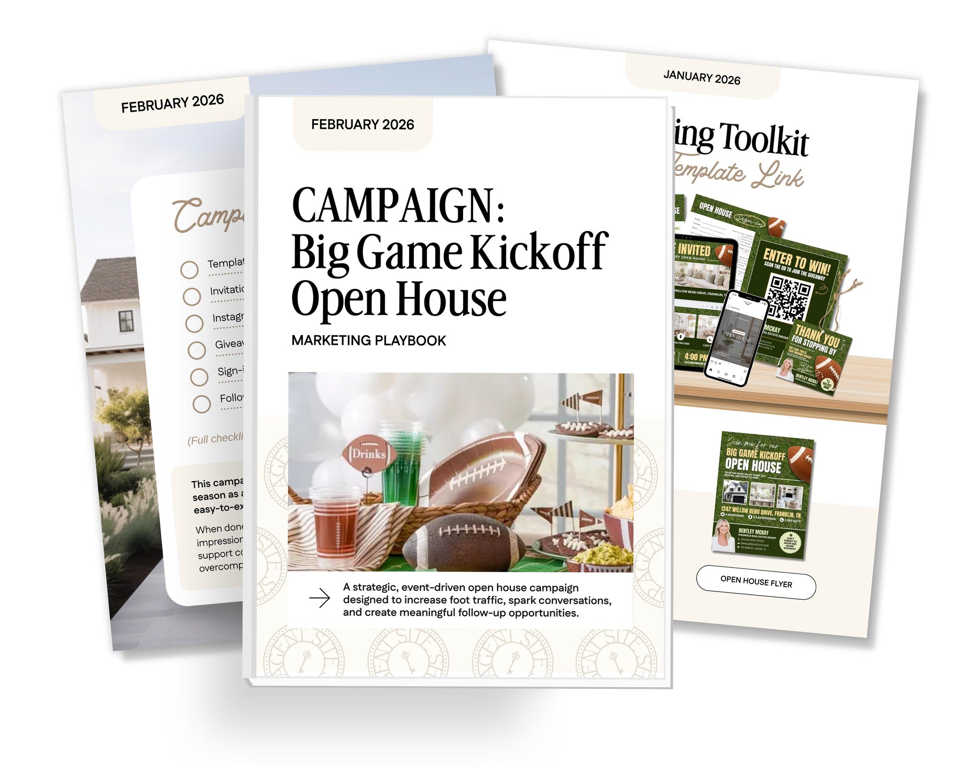 three brochures or flyers, each with different content and design elements. The brochures appear to be related to real estate or home improvement, with a focus on the "Big Game Kickoff Open House" campaign.