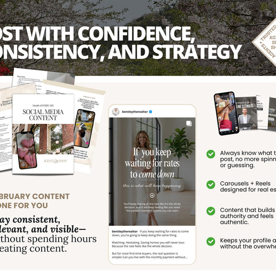The image is a collage of various elements related to real estate marketing, including brochures, a mobile phone, and a social media post. The collage highlights the importance of consistency, trust, and strategy in real estate marketing, as well as the need to post regularly and engage with potential clients.