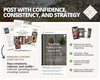 The image is a collage of various elements related to real estate marketing, including brochures, a mobile phone, and a social media post. The collage highlights the importance of consistency, trust, and strategy in real estate marketing, as well as the need to post regularly and engage with potential clients.