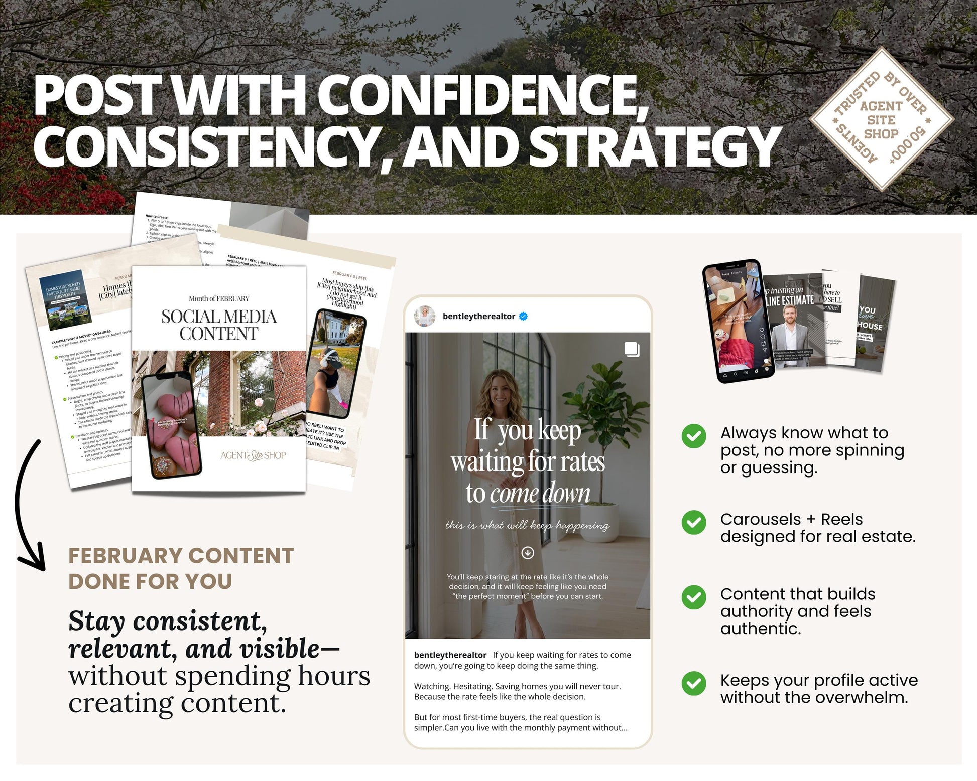 The image is a collage of various elements related to real estate marketing, including brochures, a mobile phone, and a social media post. The collage highlights the importance of consistency, trust, and strategy in real estate marketing, as well as the need to post regularly and engage with potential clients.
