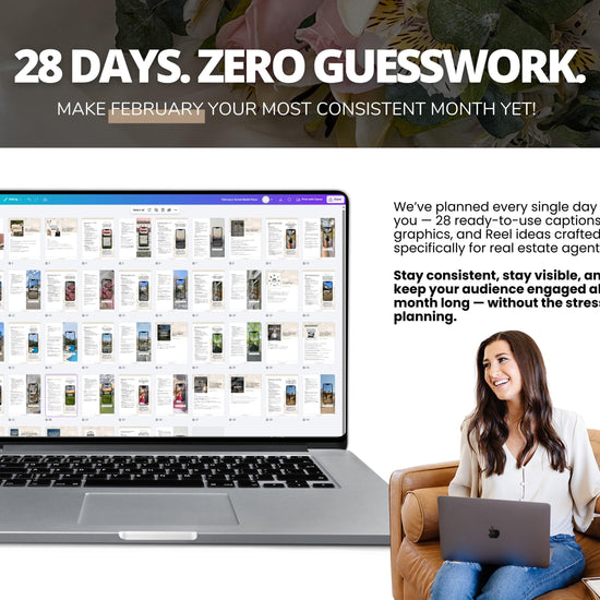 The image is a promotional advertisement for a real estate service called "Zero Guessing". It features a laptop displaying a website, a smiling woman sitting on a couch, and text promoting the service.