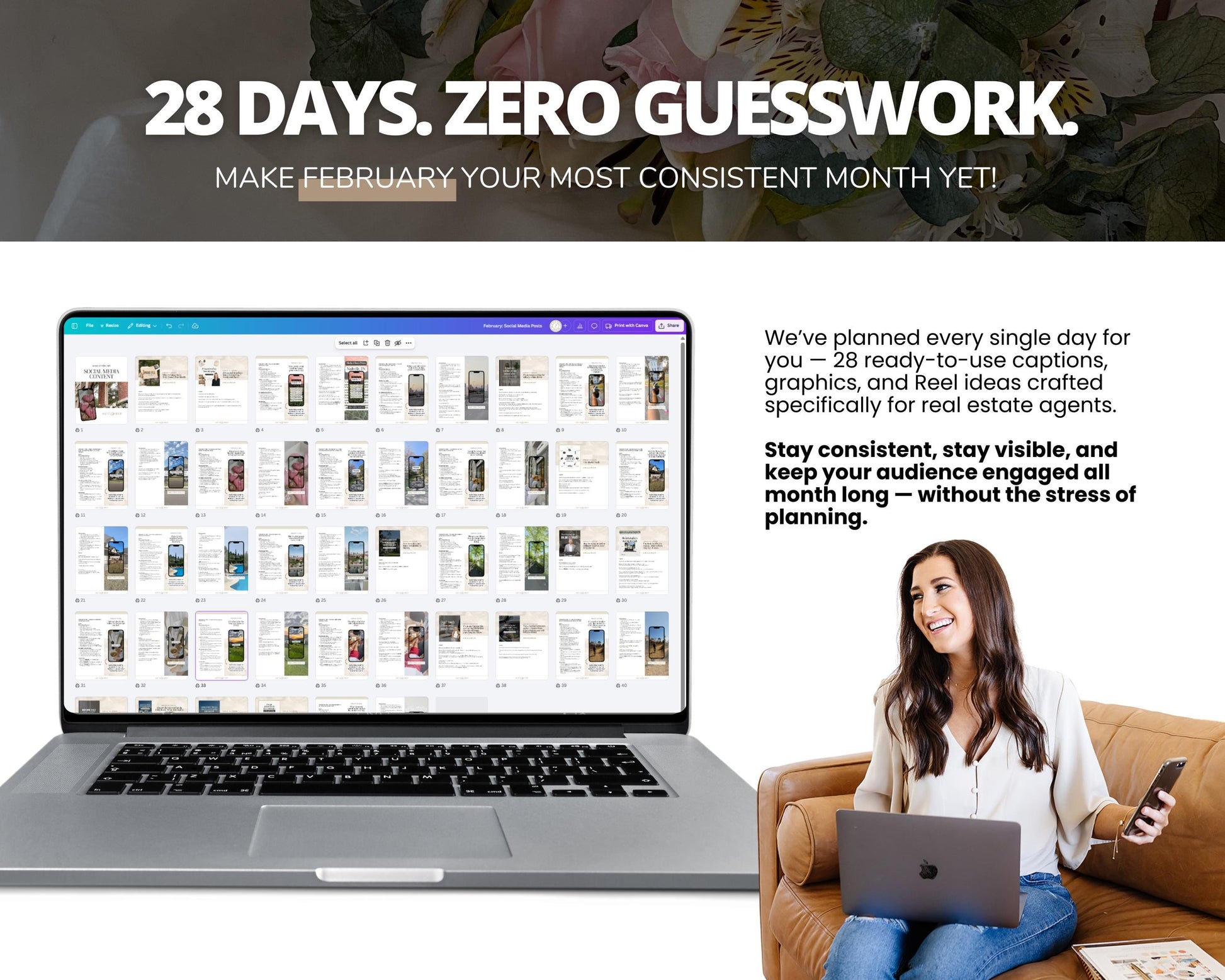 The image is a promotional advertisement for a real estate service called "Zero Guessing". It features a laptop displaying a website, a smiling woman sitting on a couch, and text promoting the service.