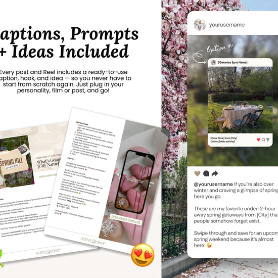 The image is a collage of two photos and a social media post. The first photo shows a woman sitting at a table with a floral centerpiece, and the second photo depicts a scenic outdoor setting with a table and chairs. The social media post features a caption that reads "Captions, Prompts + Ideas Included" and includes a hashtag "#youruserame" and a mention of a "Getaway Spot Name".