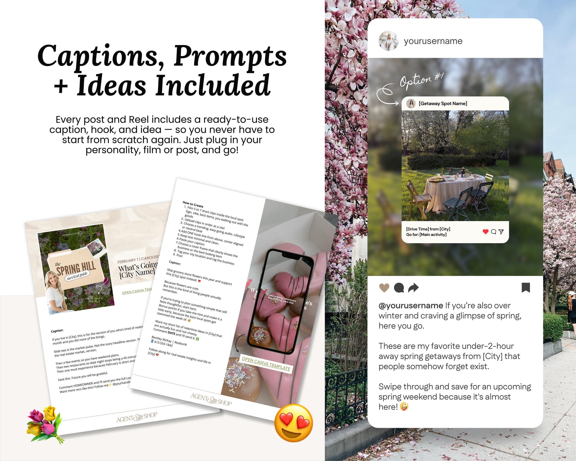 The image is a collage of two photos and a social media post. The first photo shows a woman sitting at a table with a floral centerpiece, and the second photo depicts a scenic outdoor setting with a table and chairs. The social media post features a caption that reads "Captions, Prompts + Ideas Included" and includes a hashtag "#youruserame" and a mention of a "Getaway Spot Name".