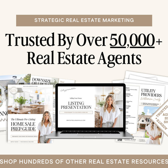 The image is an advertisement for a real estate marketing service, featuring a laptop displaying a presentation slide, brochures, and other real estate-related materials.