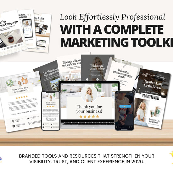 The image is a promotional collage featuring various marketing tools and resources, including a laptop, smartphone, and brochures, all with a focus on the "Look Effortlessly Professional" and "Complete Marketing Toolkit" for businesses.