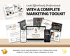 The image is a promotional collage featuring various marketing tools and resources, including a laptop, smartphone, and brochures, all with a focus on the "Look Effortlessly Professional" and "Complete Marketing Toolkit" for businesses.