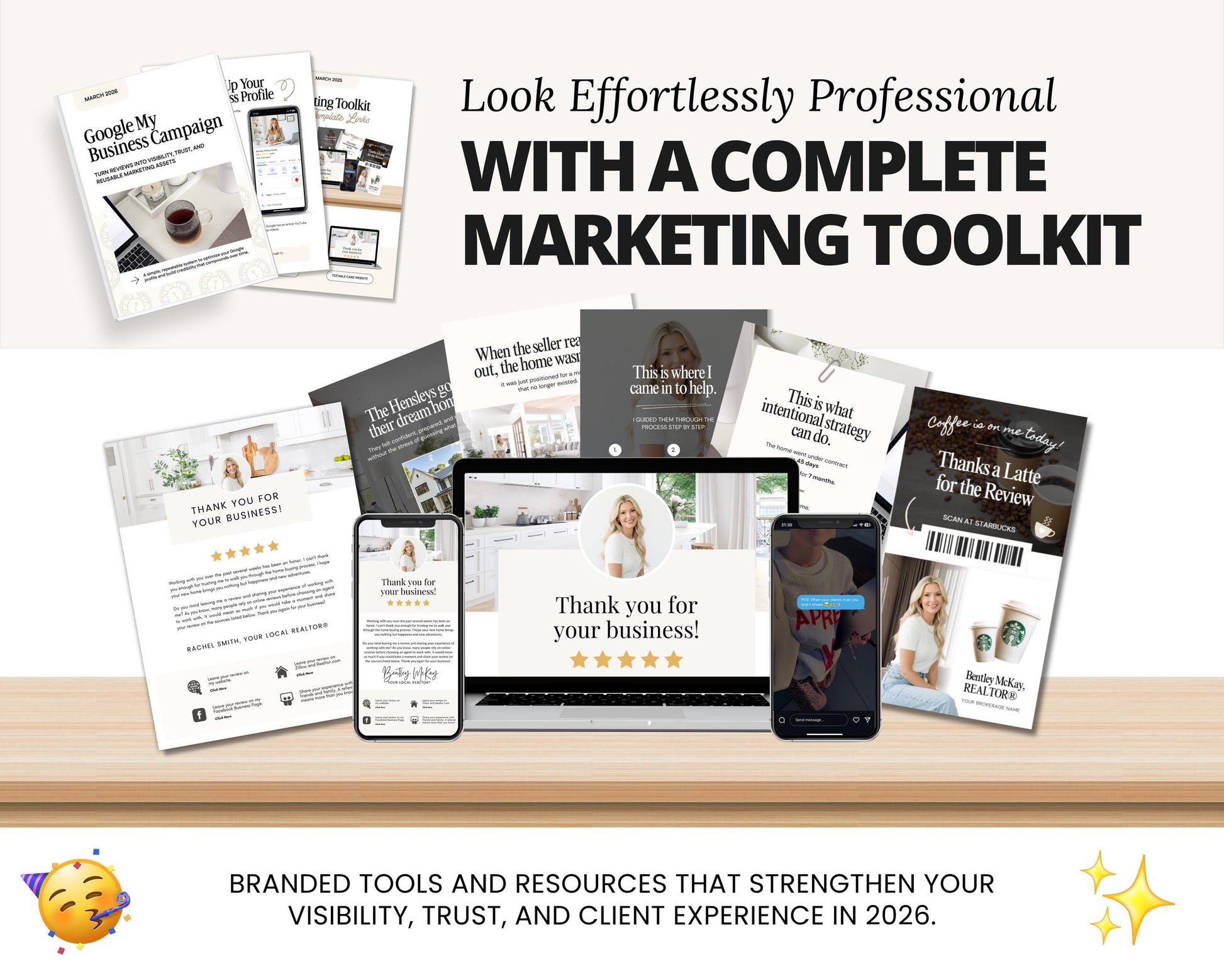 The image is a promotional collage featuring various marketing tools and resources, including a laptop, smartphone, and brochures, all with a focus on the "Look Effortlessly Professional" and "Complete Marketing Toolkit" for businesses.