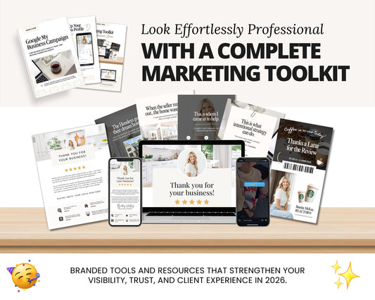 The image is a promotional collage featuring various marketing tools and resources, including a laptop, smartphone, and brochures, all with a focus on the "Look Effortlessly Professional" and "Complete Marketing Toolkit" for businesses.