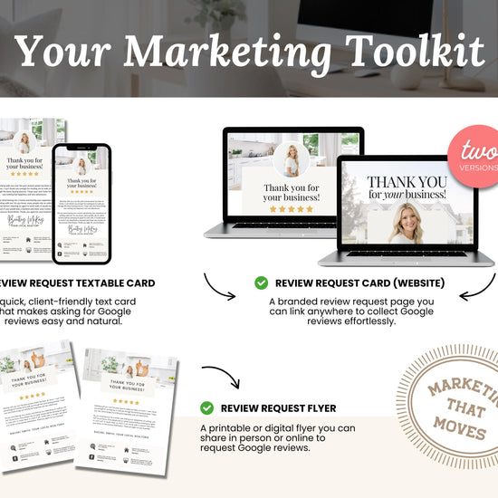 The image is a marketing toolkit that includes a mobile device, a laptop, and a flyer. The toolkit is designed to help businesses collect reviews and improve their Google search rankings.