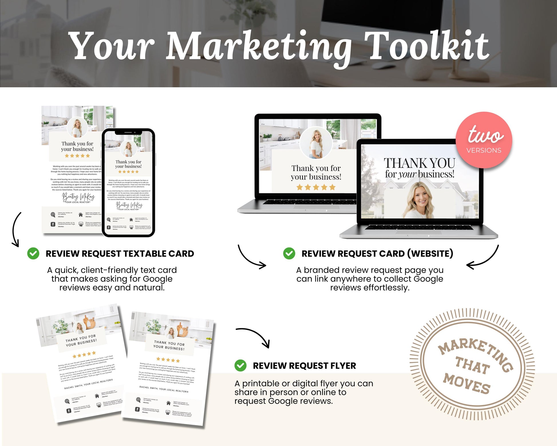 The image is a marketing toolkit that includes a mobile device, a laptop, and a flyer. The toolkit is designed to help businesses collect reviews and improve their Google search rankings.