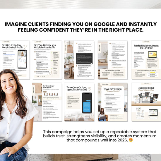 The image is a promotional poster for a campaign that helps clients find you on Google and feel confident they're in the right place. It features a smiling woman sitting in front of a collage of various Google and marketing-related images.