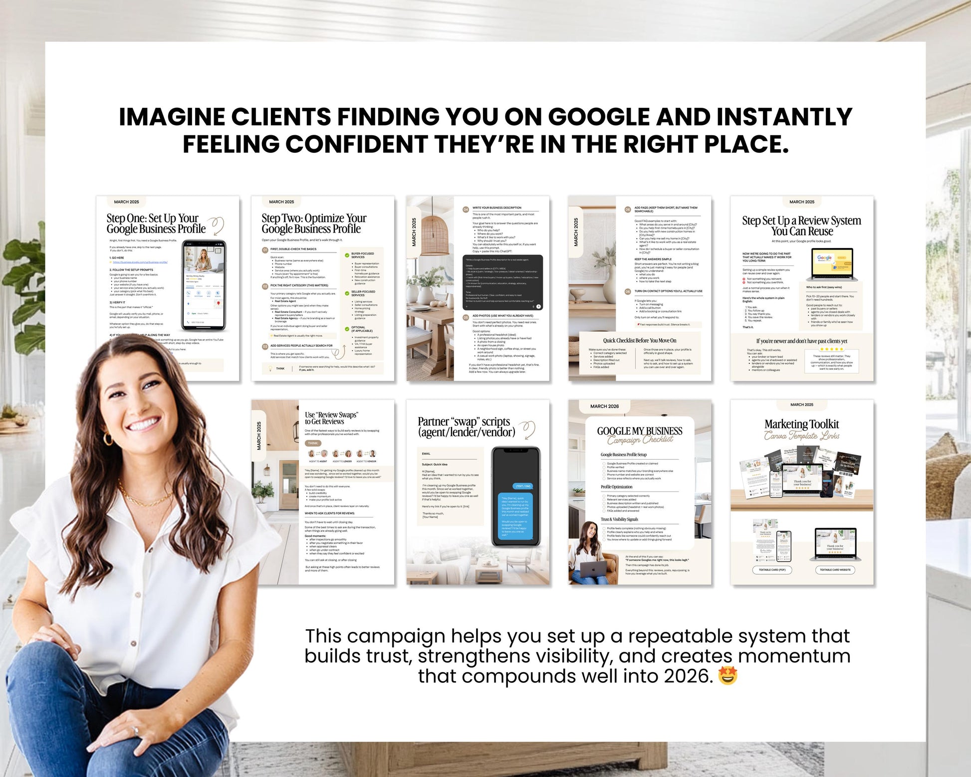 The image is a promotional poster for a campaign that helps clients find you on Google and feel confident they're in the right place. It features a smiling woman sitting in front of a collage of various Google and marketing-related images.