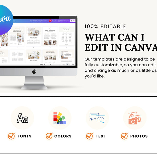 The image is a promotional graphic for a software called Canva, which allows users to create and edit various types of documents and presentations. The image features a computer monitor displaying a Canva interface, along with icons representing different editing options such as fonts, colors, text, and photos.