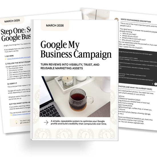The image is a collage of three pages from a brochure or flyer, featuring a laptop, a cup of coffee, and various text elements.