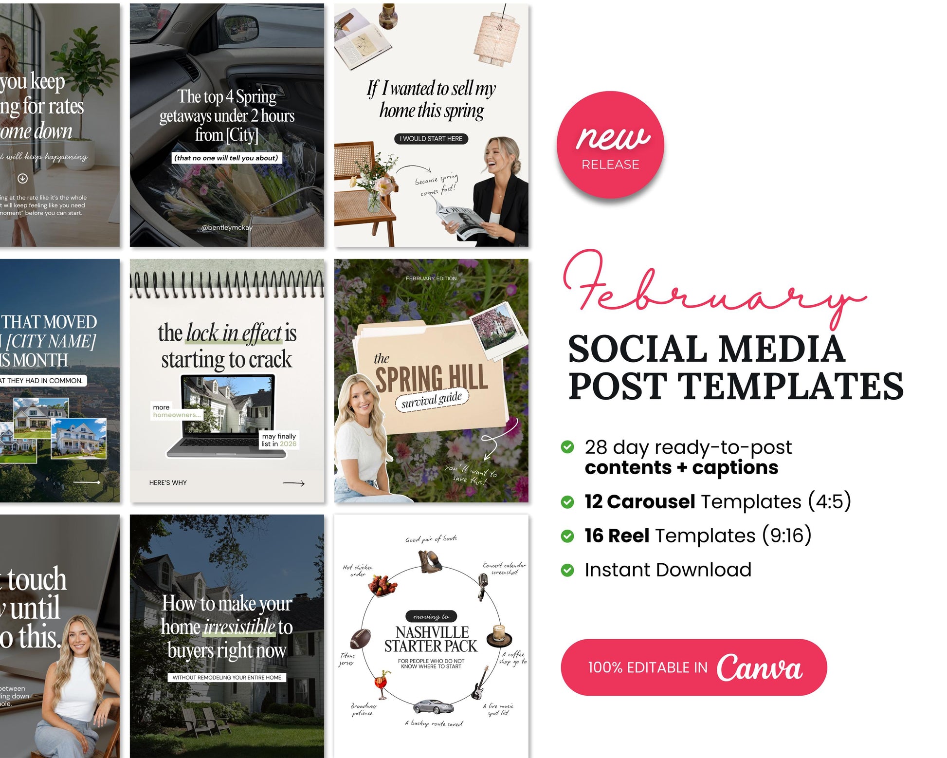 February Real Estate Social Media Content Canva Bundle + Captions