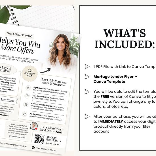 The image is a page from a flyer or brochure, featuring a woman's face and text. The text includes information about a lending service and a Mortgage Lender flyer template.