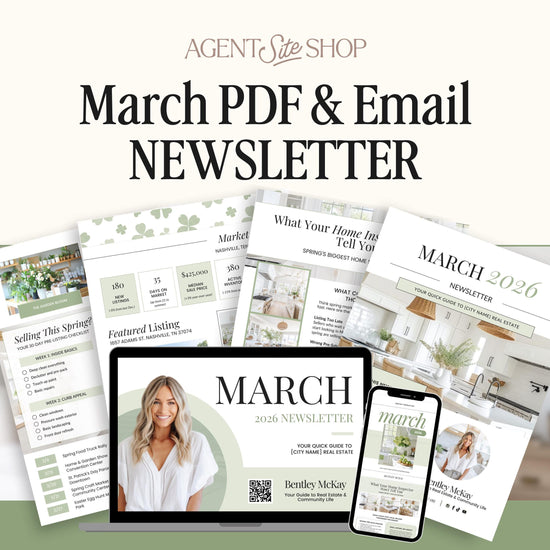 The image is a collage of various real estate-related documents and materials, including a laptop displaying a real estate agent's website, brochures, and a mobile phone. The text "March PDF & Email NEWSLETTER" is prominently displayed, indicating that these materials are related to real estate marketing and communication.