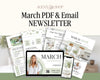 The image is a collage of various real estate-related documents and materials, including a laptop displaying a real estate agent's website, brochures, and a mobile phone. The text "March PDF & Email NEWSLETTER" is prominently displayed, indicating that these materials are related to real estate marketing and communication.