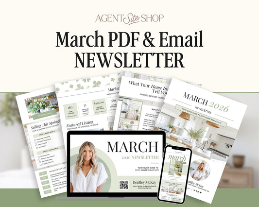 The image is a collage of various real estate-related documents and materials, including a laptop displaying a real estate agent's website, brochures, and a mobile phone. The text "March PDF & Email NEWSLETTER" is prominently displayed, indicating that these materials are related to real estate marketing and communication.