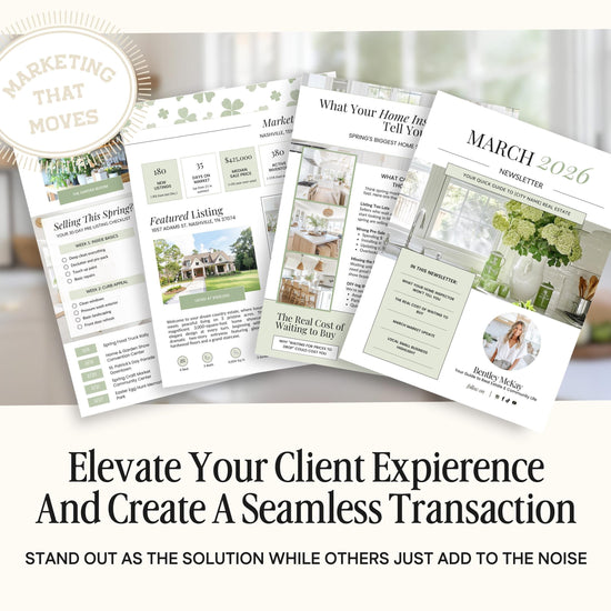 The image is a collage of real estate listings and marketing materials, including brochures, flyers, and a website. The text encourages the viewer to "Elevate Your Client Experience and Create A Seamless Transition" and "Stand out as the solution while others just add to the noise".