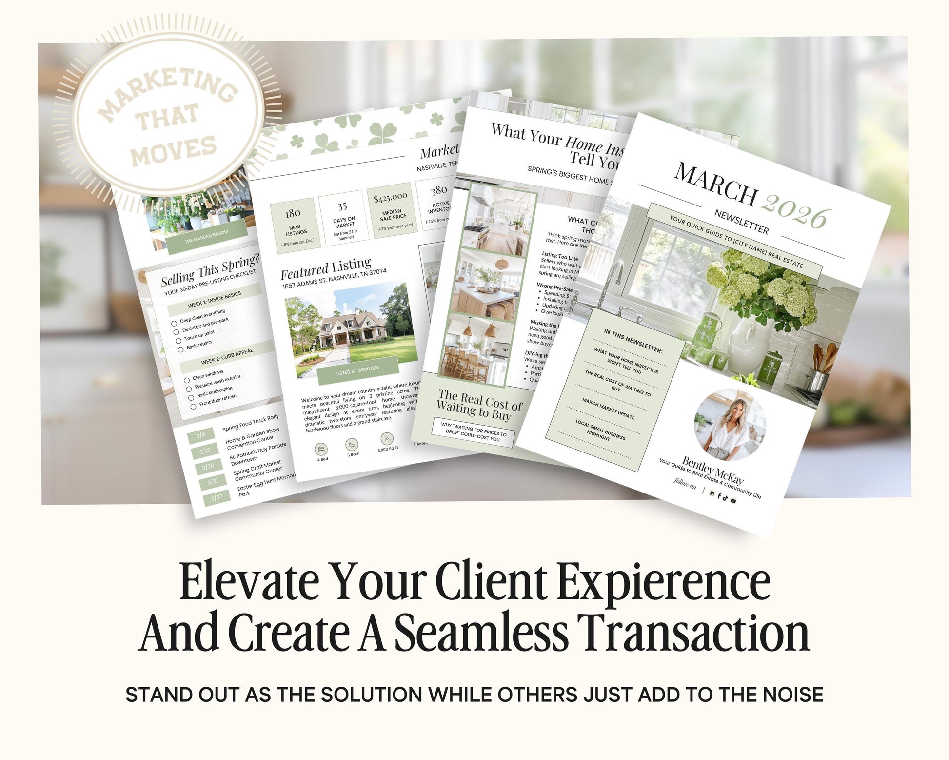 The image is a collage of real estate listings and marketing materials, including brochures, flyers, and a website. The text encourages the viewer to "Elevate Your Client Experience and Create A Seamless Transition" and "Stand out as the solution while others just add to the noise".