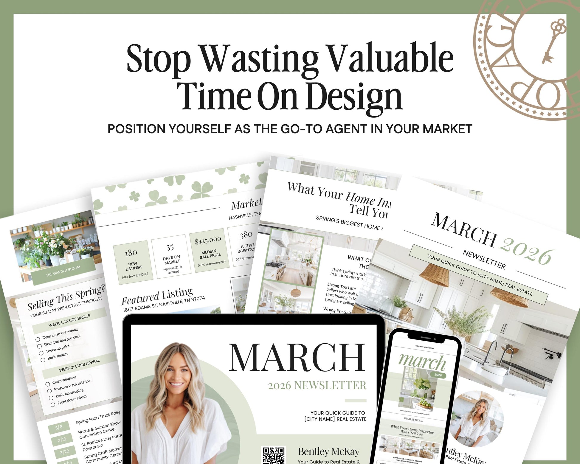 The image is a collage of various real estate-related materials, including brochures, a magazine, and a mobile phone displaying a real estate app. The text in the image emphasizes the importance of focusing on design and marketing in the real estate industry, with a focus on positioning oneself as a go-to agent in the market.
