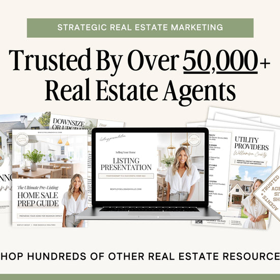 The image is an advertisement for a real estate marketing company, showcasing various resources and tools for real estate agents.