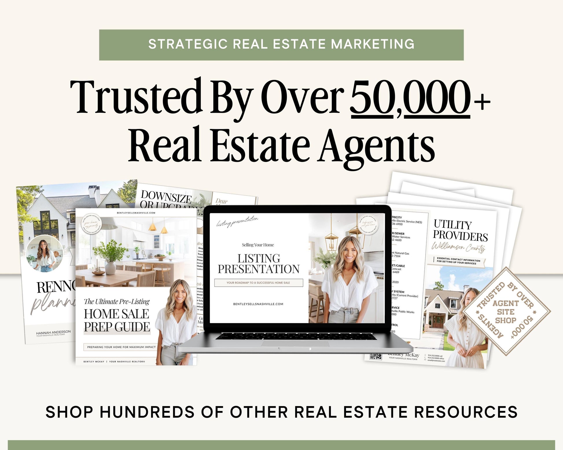 The image is an advertisement for a real estate marketing company, showcasing various resources and tools for real estate agents.