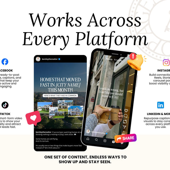 The image is a promotional graphic for a real estate platform that features a short-form video, social media icons, and text highlighting the platform's features and benefits.