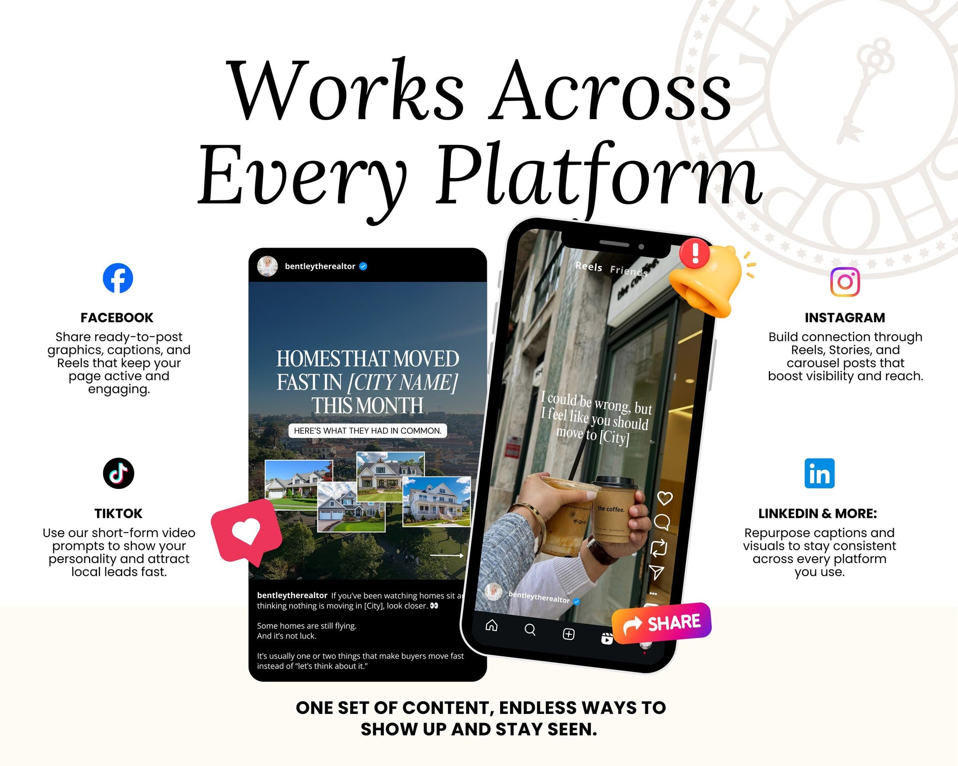 The image is a promotional graphic for a real estate platform that features a short-form video, social media icons, and text highlighting the platform's features and benefits.